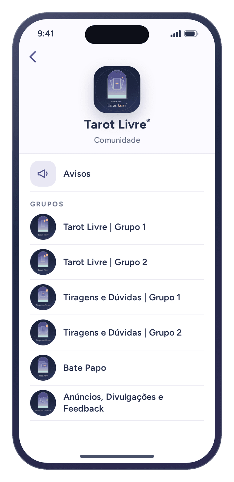 Tela da Comunidade Tarot Livre com o grupo de Avisos e os grupos Tarot Livre, Tiragens e Dúvidas, Bate Papo e Anúncios, Divulgações e Feedback